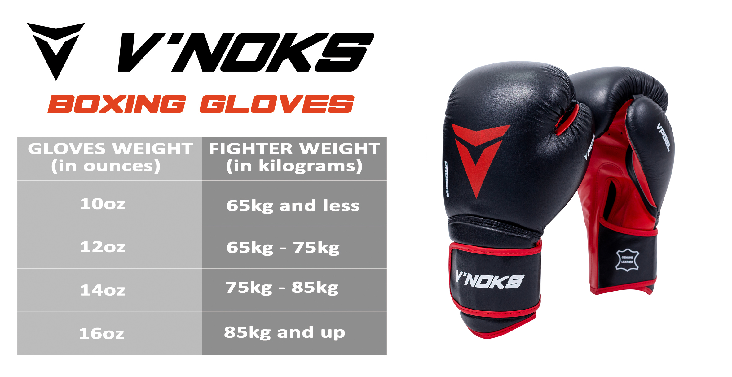 V`Noks Inizio Boxing Gloves size chart